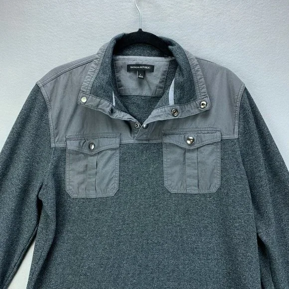 **SOLD**Banana Republic Mens Shirt Large Gray Long Sleeve Thermal Snap Pockets - Picture 2 of 12